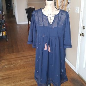 Sheer shift dress w/embroidered flowers